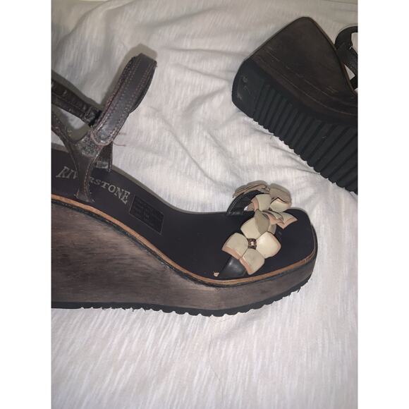 Vintage 90s Y2K Floral Wooden Chunky Platform Wedge Sandals Shoes Women’s Size 6 - Picture 1 of 7
